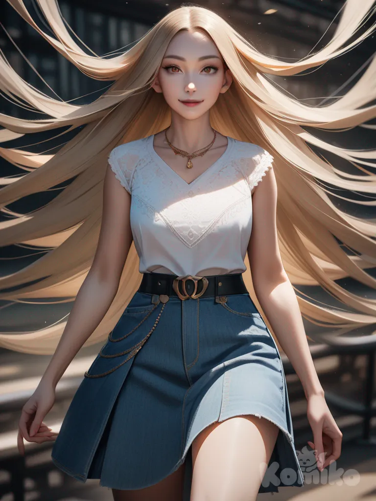 An ultra-photograph shows a full-length, athletic, beautiful, and slender 25-year-old woman with a realistic body. capturing a stunning woman stand with super-long, straight blonde hair Her brown eyes radiate confidence with a radiant smile , dressed in a unique and fashionable cowboy outfit , a white lace blouse, and a denim blue miniskirt, stands gracefully in a sunlit countryside setting. Behind her, a quaint windmill turns slowly under a bright blue sky dotted with fluffy clouds. In the foreground, a treble clef is elegantly placed at her feet. . El fondo realza la silueta de la mujer. Su cabello luce liso y bien definido, con suaves notas musicales y el nombre "Luis Arcy" flotando suavemente alrededor de sus pies.