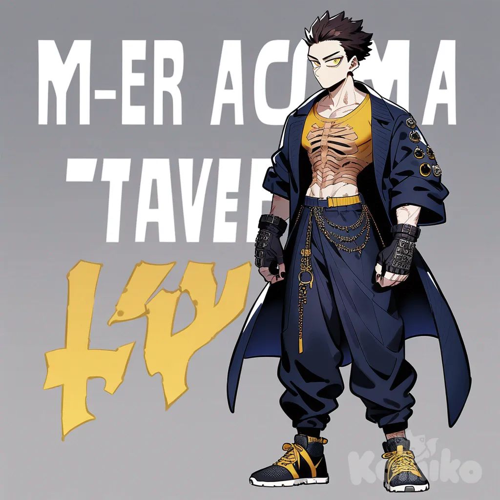 1male, my hero academia style, teenager, tall, athletic, pale skin, scars, yellow eyes, slits eyes, short hair, dark brown hair, slicked back hair, dark blue newsboy cap, rib cage t-shirt, dark blue punk coat with accessories, black knuckle gloves, hip chain, black ripped baggy pants with accessories, black and yellow sneakers, goat horns on head, necklace, bracelet, chain on ankle, background neon city, night
