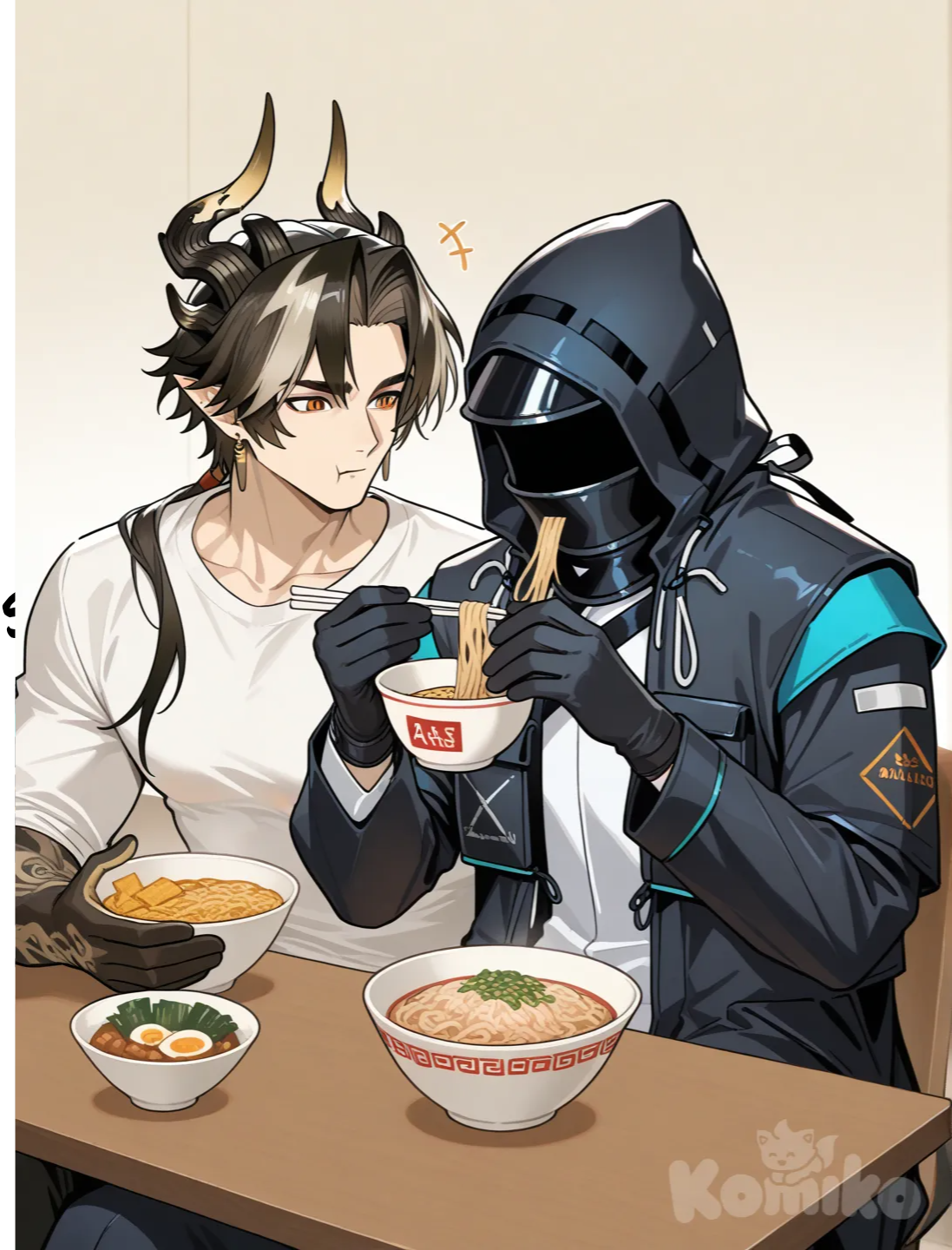 2boys, @Chong_Yue_(Arknights), @Doctor_(Arknights), makan mie instan