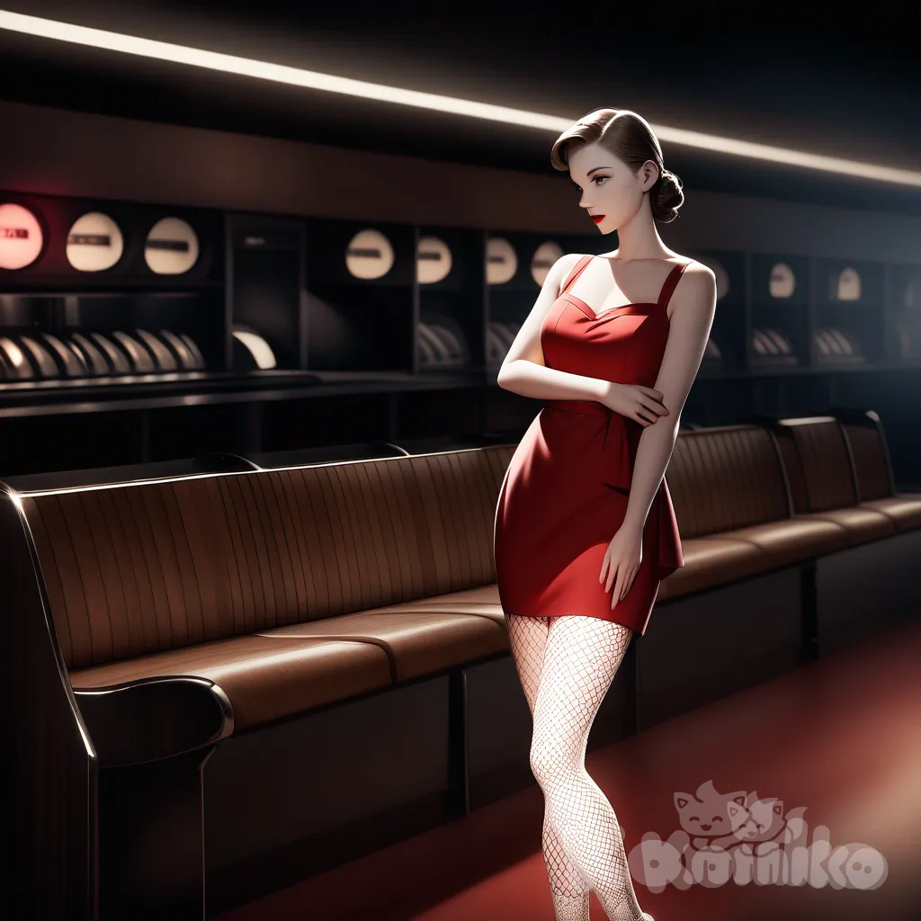A photograph in the style of a classic film noir, depicting a glamorous young woman with a retro pinup aesthetic standing confidently beside a polished wooden bench in a 1950s bowling alley, illuminated by warm, diffused lighting that casts subtle sheen across her figure. She is adorned in pristine white net stockings, a fitted red dress featuring a sweetheart neckline, and a wide-brimmed black hat, while behind her, a vintage bowling lane extends into shadowy depths, punctuated by a single overhead spotlight creating dramatic contrasts. Along the wall, the vintage font subtly displays "Arcy's Girls," and shimmering musical notes gently swirl around her, with the delicate text "Luis Arcy" arranged at her feet, all set against a backdrop of aged wood paneling and softly glowing neon signage, presenting sharp lines, high-contrast shadows