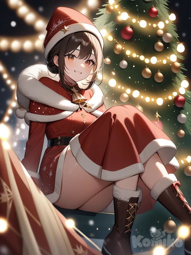 A stunning and festive full-body portrait of a young woman adorned in Christmas-themed whit miniskirt and boots, smiling warmly beside a dazzling Christmas tree. The tree is adorned with shiny, twinkling lights, and a delicate dusting of snow on its branches. The woman's outfit is a blend of red and white, perfect for the holiday season. At the bottom of the image, the artist's name, Luis Arcy, is tastefully placed, showcasing his exceptional skill and talent in capturing the essence of the holiday spirit.