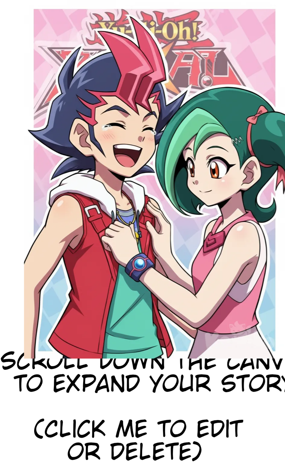 1boy and 1girl, 2people, <yuma-and-tori-jVM2>, anime coloring, millipen (medium), oil painting (medium) yu gi-oh's zexal Tori tickle Yuma make him laugh