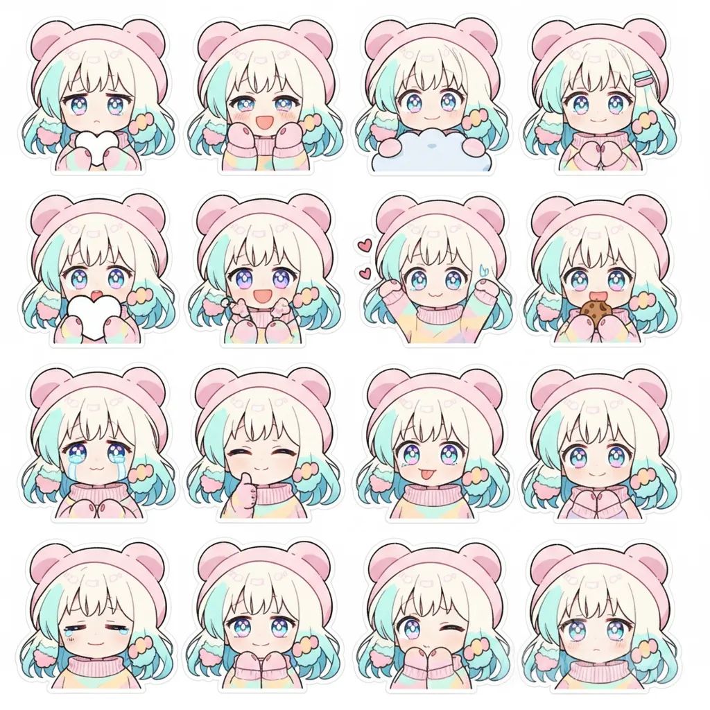 Create a 4x4 sticker sheet (16 stickers) of <MimiHoshizora-e6no>, copy the same emotions and actions of the reference image