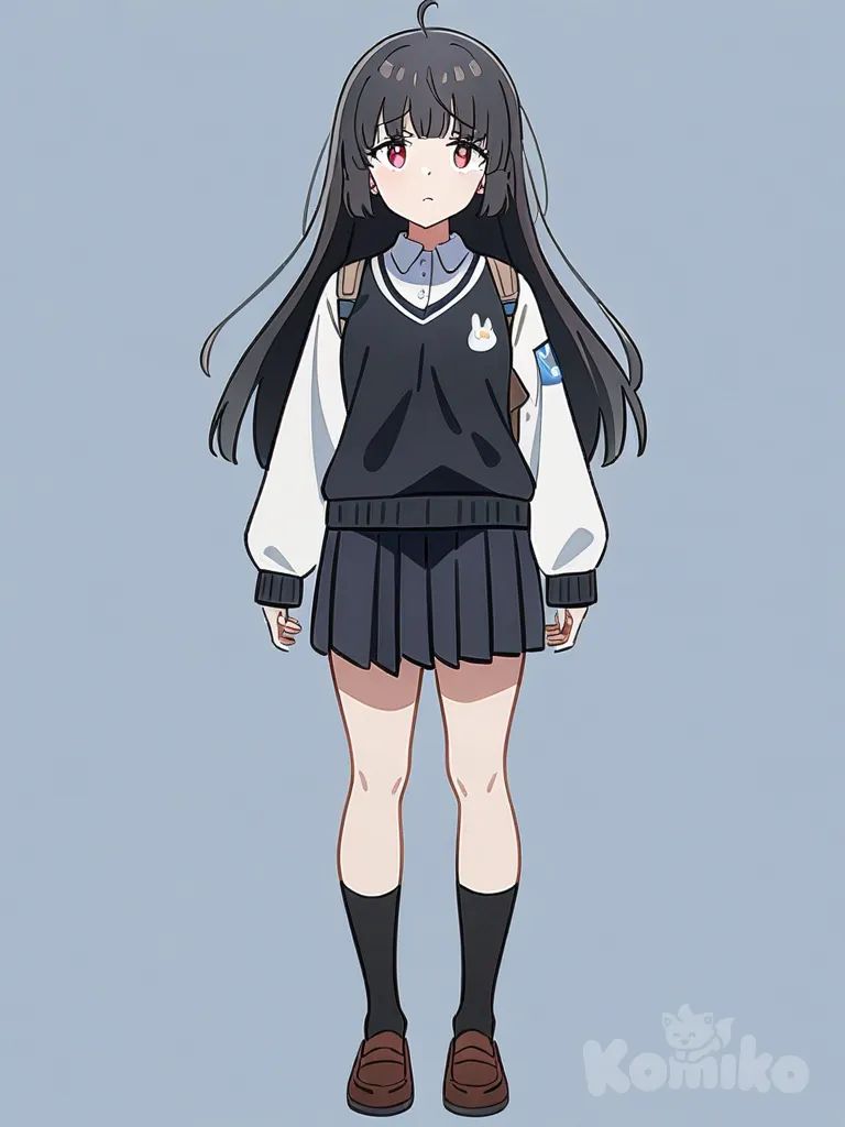 1girl, black hair with blonde highlights, smooth hair, serious demeanor, calm personality, beautiful, Sakurajima Academy uniform, teenager, fair skin, hair accessory, single character, full body, looking at viewer, anime style, simple background, white background