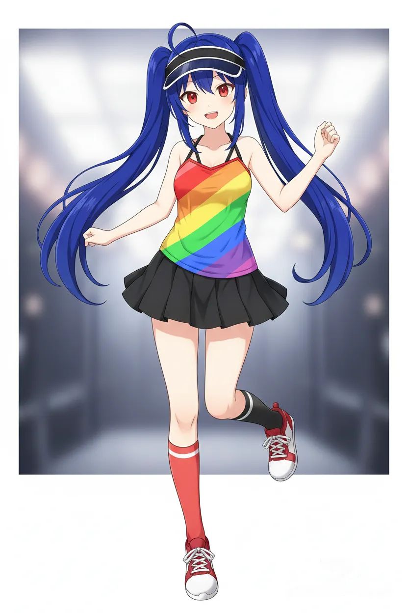 Anime Vtuber, stepping to the right, one leg lifted, arms mid-motion, wearing rainbow sleeveless top with crossed straps, black short skirt, red and black socks, red and white shoes, black visor, hair flowing naturally, lively anime style, high-quality illustration.