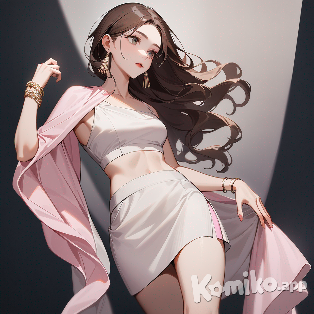 A young woman occupies a central position in the image. She wears a modern, light pink two-piece ensemble consisting of a cropped top and a miniskirt with a slit on one leg. A long, draped shawl, also darker, is draped over her shoulders. She wears statement earrings and a bracelet. The woman has long, brown hair, styled in loose waves. Her expression is cheerful and charming, with a bright smile. Her body type appears slender, and she walks with confidence. She carries a black handbag with a cream-colored design. The setting is an urban street scene with cafes and outdoor seating, suggesting a busy urban area. Subtle musical notes and the name "Luis Arcy" are cleverly incorporated into the base of the image.