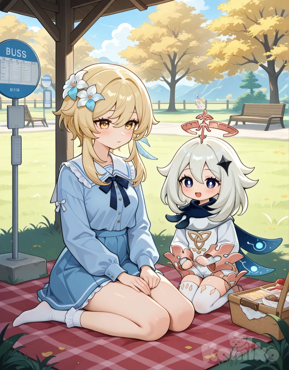 2girls, Lumine (Genshin Impact), Paimon (Genshin Impact), bus stop, picnic