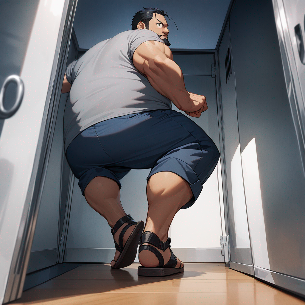 fullmetal alchemist, Sig Curtis, chubby, black bearded, wearing his Gray shirt, Navy-blue pants, wearing his Tan sandals, standing in the locker room, view from the bottom, looking at viewer, doing a stomping pose