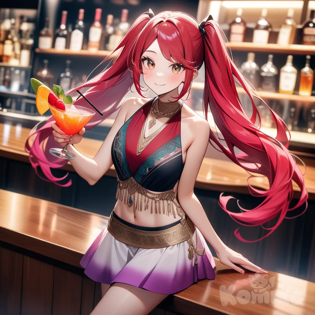 A photograph shows a full-length athletic young woman with long, vibrant vibrant hair that transitions from dark blue to pink to red hair in pigtails. Her brown eyes radiate confidence with a radiant smile stands elegantly at a bar, holding a colorful cocktail. She wears a modern bohemian swimsuit with a miniskirt and intricate silver details, exuding confidence and charm as she smiles at the camera. Soft sparkles and magical mist swirl around treble clef symbols in the background, subtly integrating the artist's name, "Luis Arcy," creating an atmosphere of enchantment and wonder. Warm, golden lighting bathes the scene, casting a captivating glow over her and the magical elements.