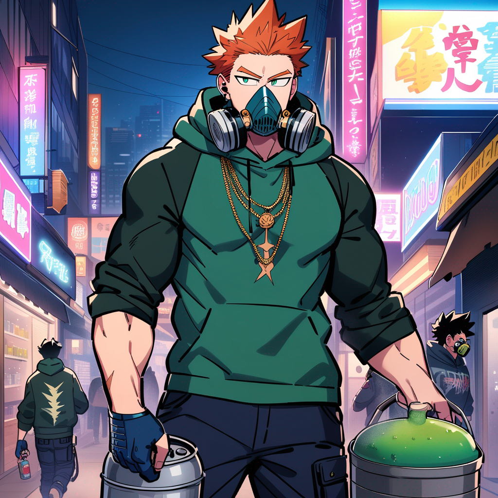 Male, my hero academia style, long ginger hair, swoop side hair, muscular, tall, scar, pail skin, green eyes, dark green punk hoodie, necklaces, dark blue knuckle gloves, dark blue cargo pants, headphones around neck, earrings, spray paint can in hand, respirator on neck, blinking, background a city at night, neon lights