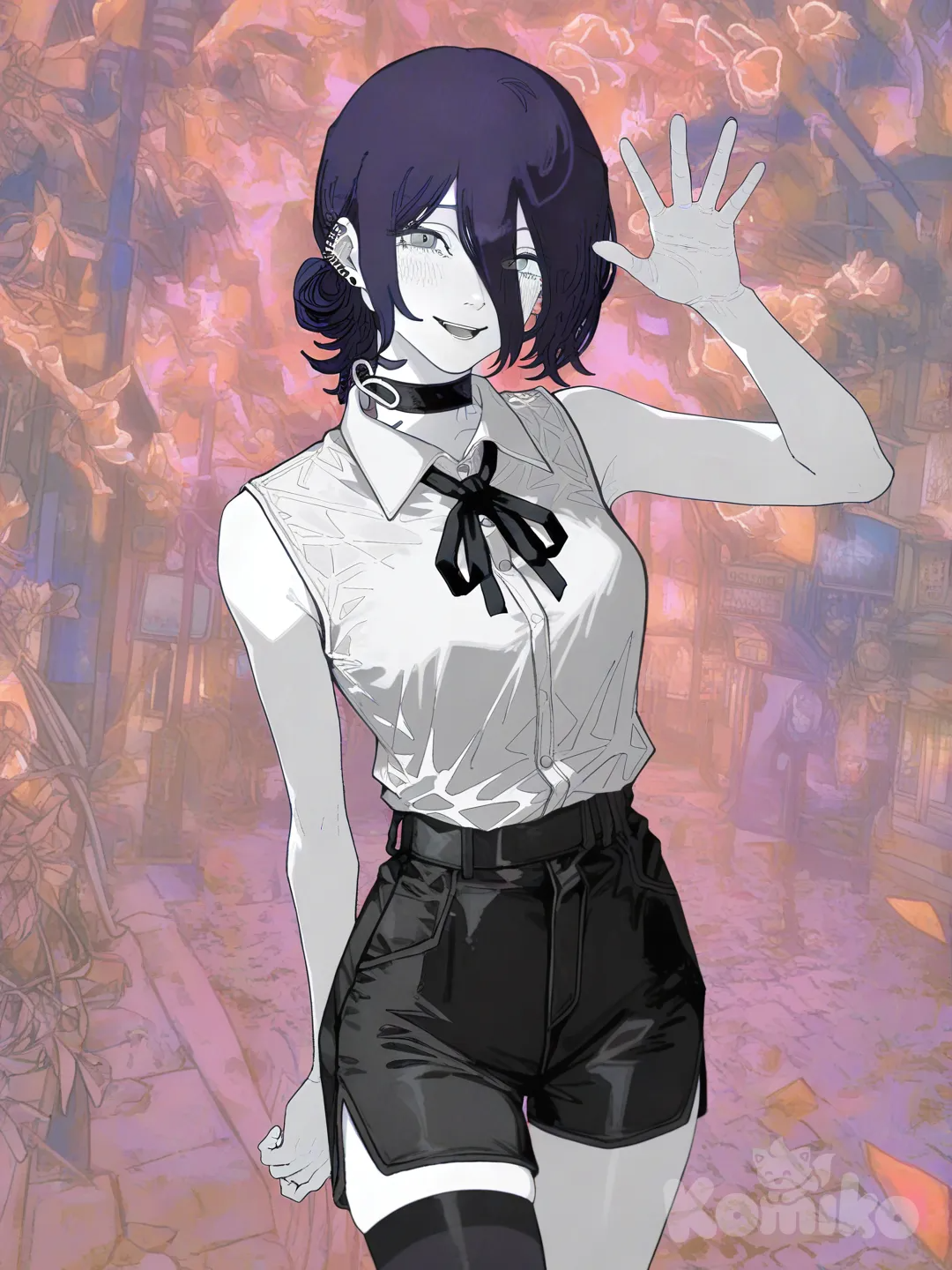 Reze (Chainsaw Man), [watercolor-illustration-style], waving, smile, cowboy shot