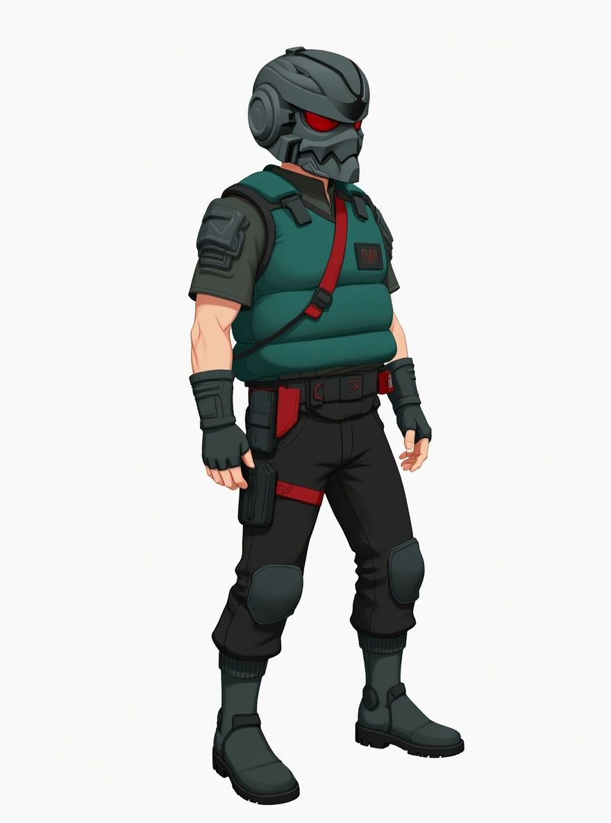 1boy, sci-fi ninja soldier helmet, T-rex theme, dark green bubble vest, black techwear pants, red strap, single character, full body, looking at viewer, anime style, simple background, white background