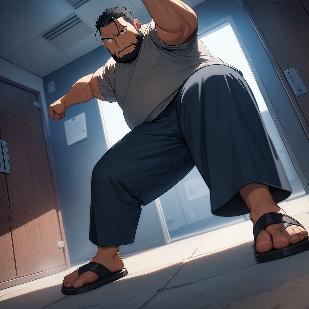 fullmetal alchemist, Sig Curtis, chubby, black bearded, wearing his Gray shirt, Navy-blue pants, wearing his Tan sandals, standing in the locker room, view from the bottom, looking at viewer, doing a stomping pose
