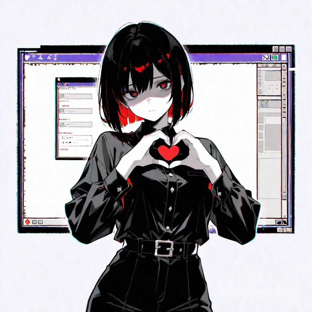 1girl, year 2025, cowboy shot, simple background, mosaic, dithering, window (computing),glitch, shaded face, diamond-shaped pupils, heart hands, paper texture, chromatic aberration, no text