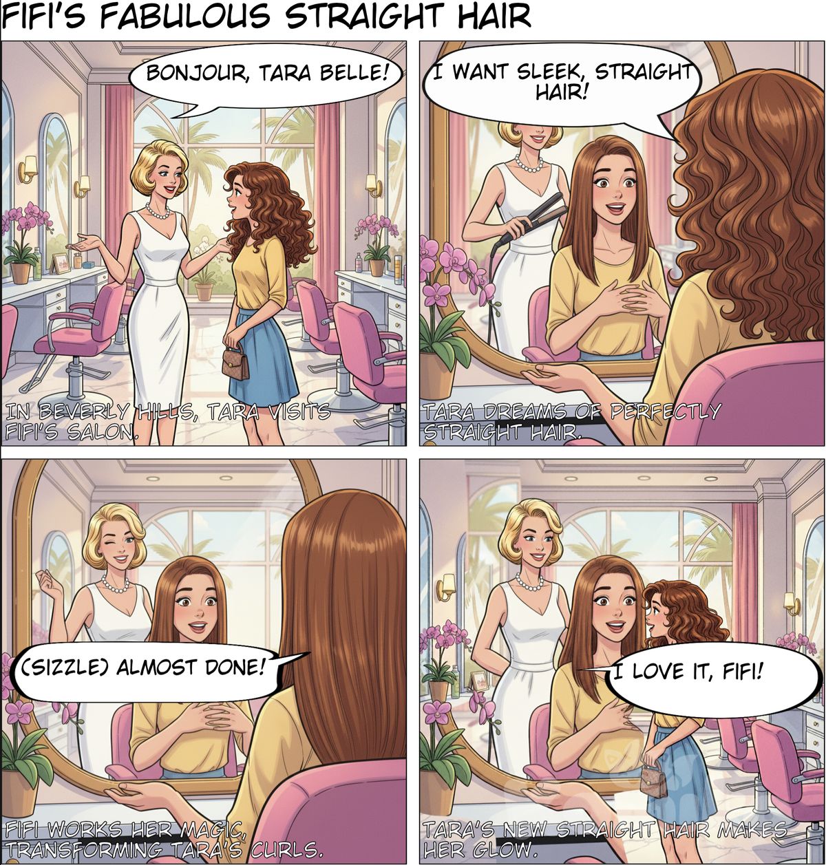 Beverly hills teens fifis salon fifi straightens Tara belle hair Tara wants her hair straightened Tara has natural curly hair Fifi is a french immigrant with a blonde bob fifi wears a white dress and pearls  The bob is permed 