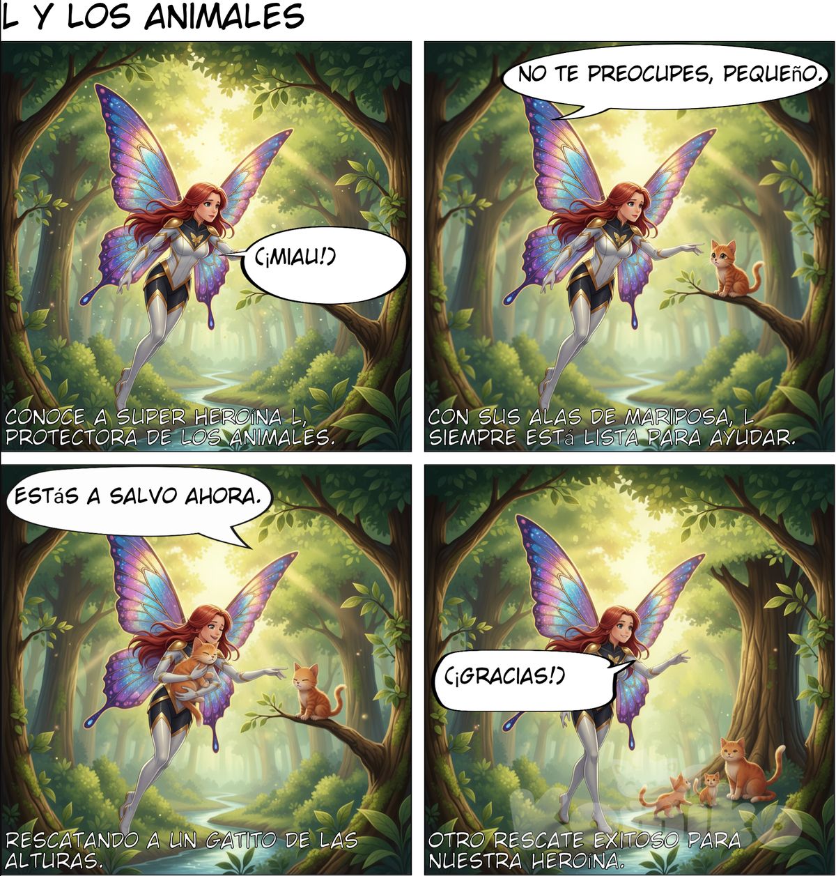 Super heroína L con alas de mariposa, rescata animales en peligro

