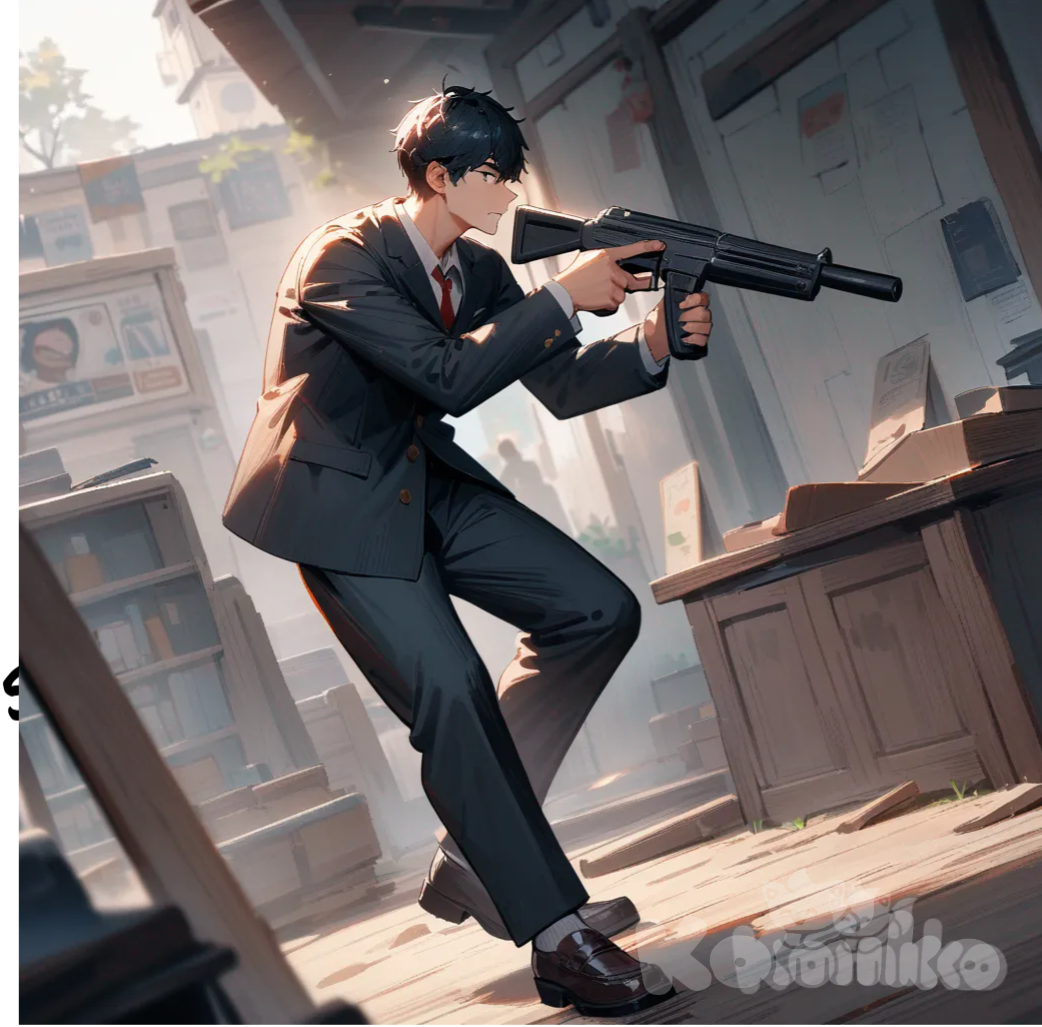 1boy, impasto style, holding gun, school uniform, full body, looking away