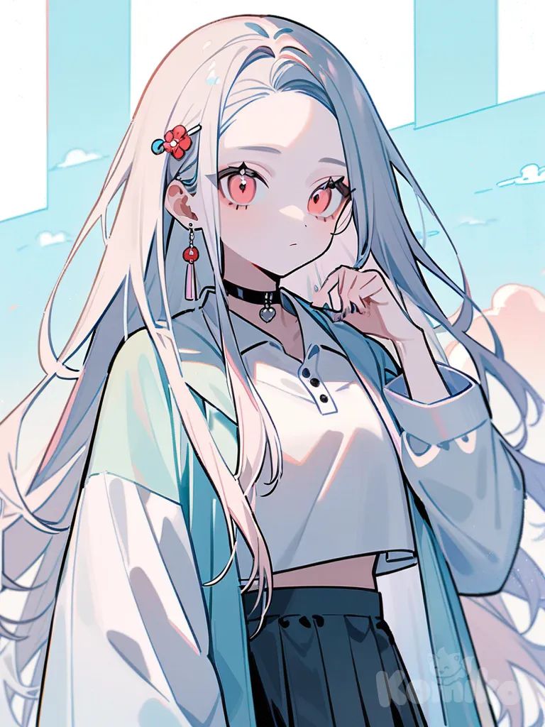 1girl, Demon Slayer style, original character, pastel colors, teenager, slim, sky blue straight long hair, red eyes, fair skin, polo shirt, crop-top shirt, oversized haori, short pleated skirt, raincoat, studs, tassels, hairpin, hair accessory, choker, jewelry, earrings, guốc gỗ đế xuồng cao, single character, full body, looking at viewer, anime style, simple background, white background