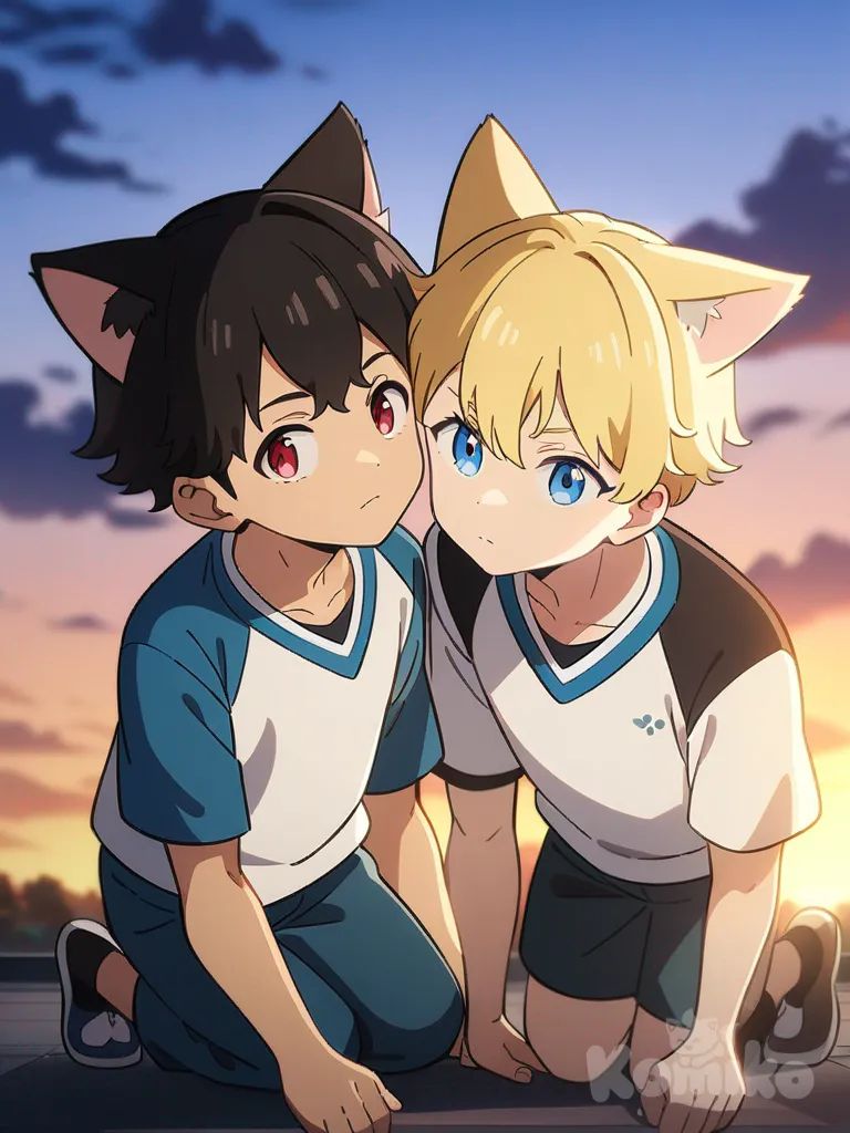 2 boys, cat ears, blonde with blue eyes, dark-haired with red eyes, sunset background, full body, looking at each other, anime style, single character, full body, looking at viewer, anime style, simple background, white background