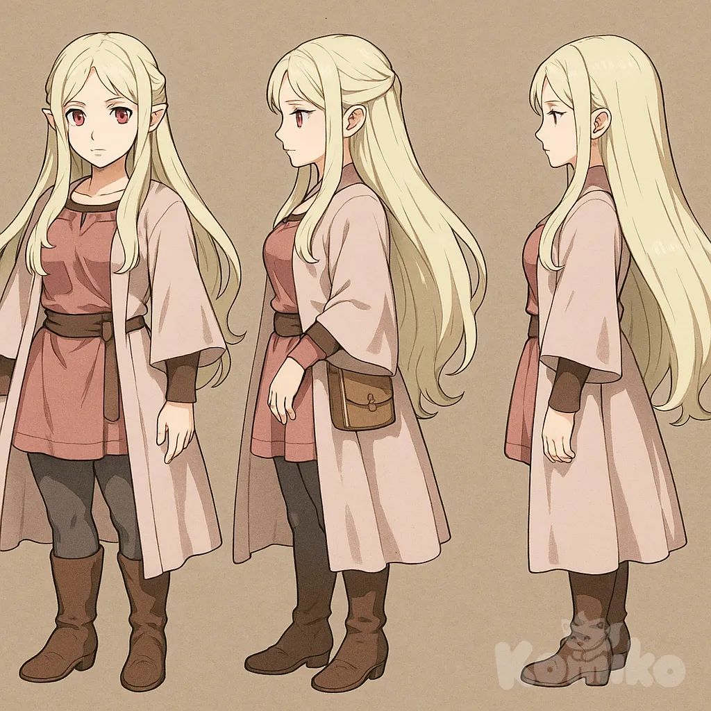 fire emblem: three houses, The character has long, flowing, pale blonde or almost white hair that extends past her waist. It is styled with sections pulled back near the temples, which partially reveal her ears. She is petite but had a curvy body.

She has large, expressive eyes which are a ruby red color. Her nose is small and subtly defined. Her mouth is small and slightly downturned, giving her a gentle, perhaps pensive expression. All views reflect a calm and serene demeanor.

Her clothing consists of a layered outfit: a pink tunic-like top with a darker, possibly black, undergarment visible at the neckline and sleeves. A light pink, almost white, long cloak or robe flows loosely over her shoulders and down the sides. A brown leather belt cinches her waist, and a small, light brown satchel is attached to the belt. She wears grey leggings or tights under her robe and brown leather, knee-high boots with a low heel and a small gold accent.