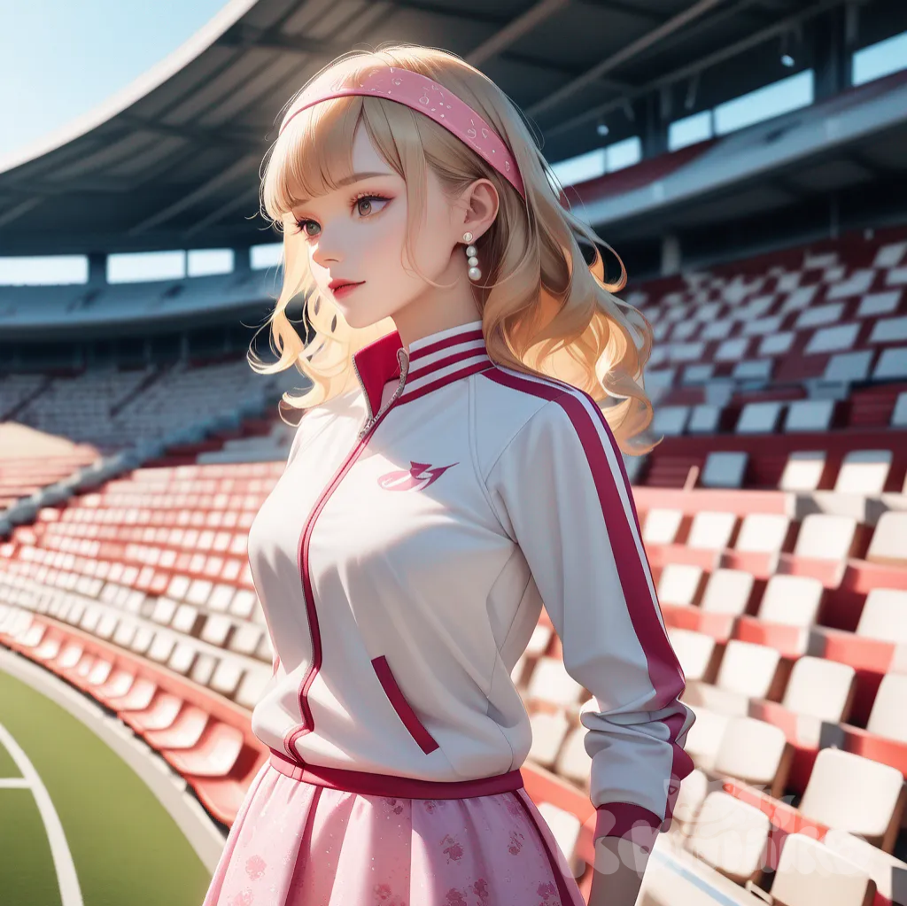 A photograph realistic capturing a young blonde woman with long, wavy blonde hair adorned with a pink headband and elegant pearl earrings. She is posed confidently within the vibrant, sun-drenched seating area of an outdoor sports stadium, dressed in a white athletic track jacket accented with stripes and a playful pink printed mini skirt, seamlessly blending sporty and girly aesthetics. Ethereal musical notes and the text "Luis Arcy" gently float around her feet, adding a touch of whimsical mystery against a backdrop of a clear blue sky, bathed in warm, inviting light.