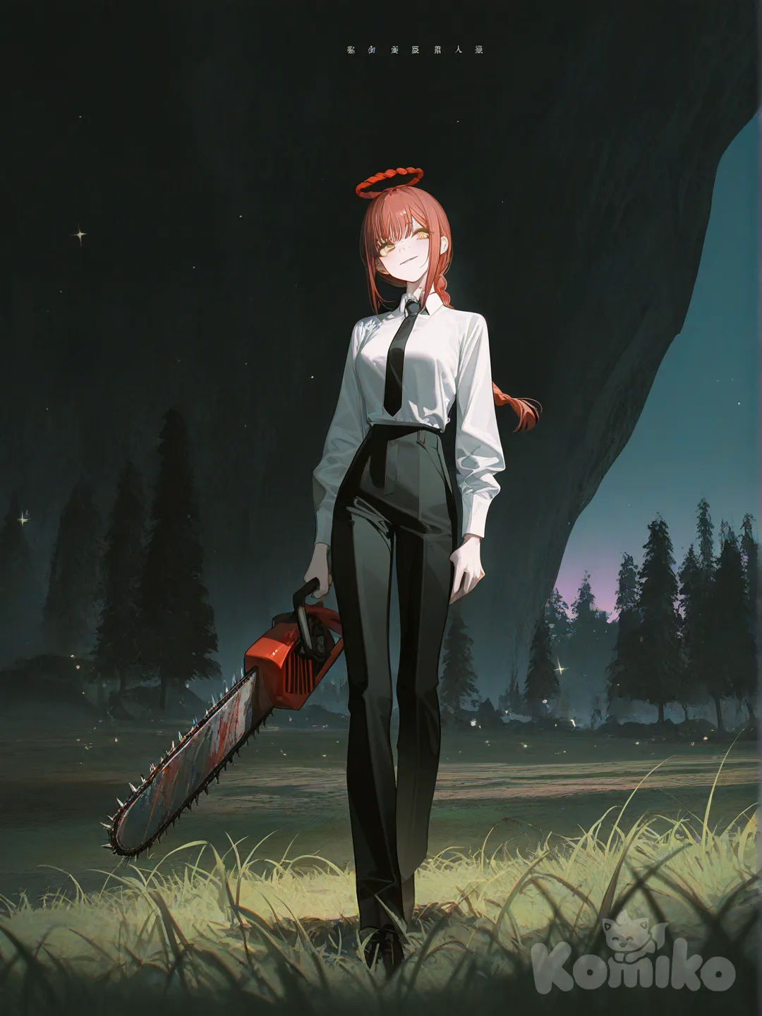 Makima (Chainsaw Man), holding chainsaw, smirk, full body, sparkle, night, twilight, forest, grassland, cave, garden