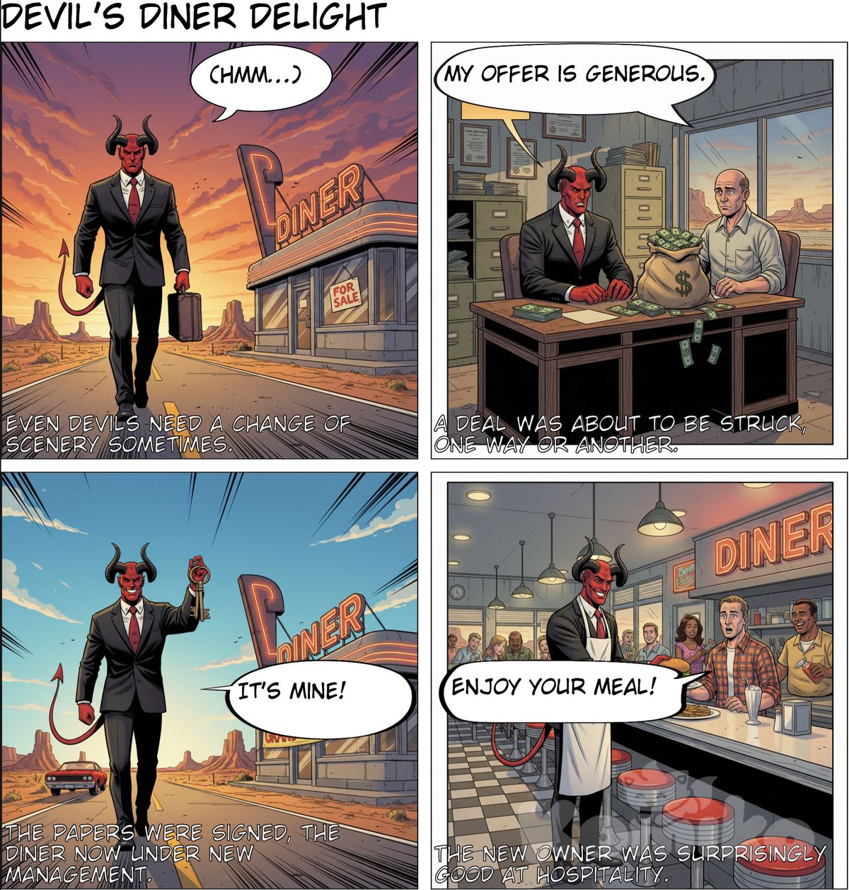 A horned Red devil in a black suit walking along route 66 spots an american retro diner along the road that is for sale.
The devil enter the office and starts negotiating about a good price. The devil shows a bag of money.
The devil succeeds in buying the diner and is  now the new owner.