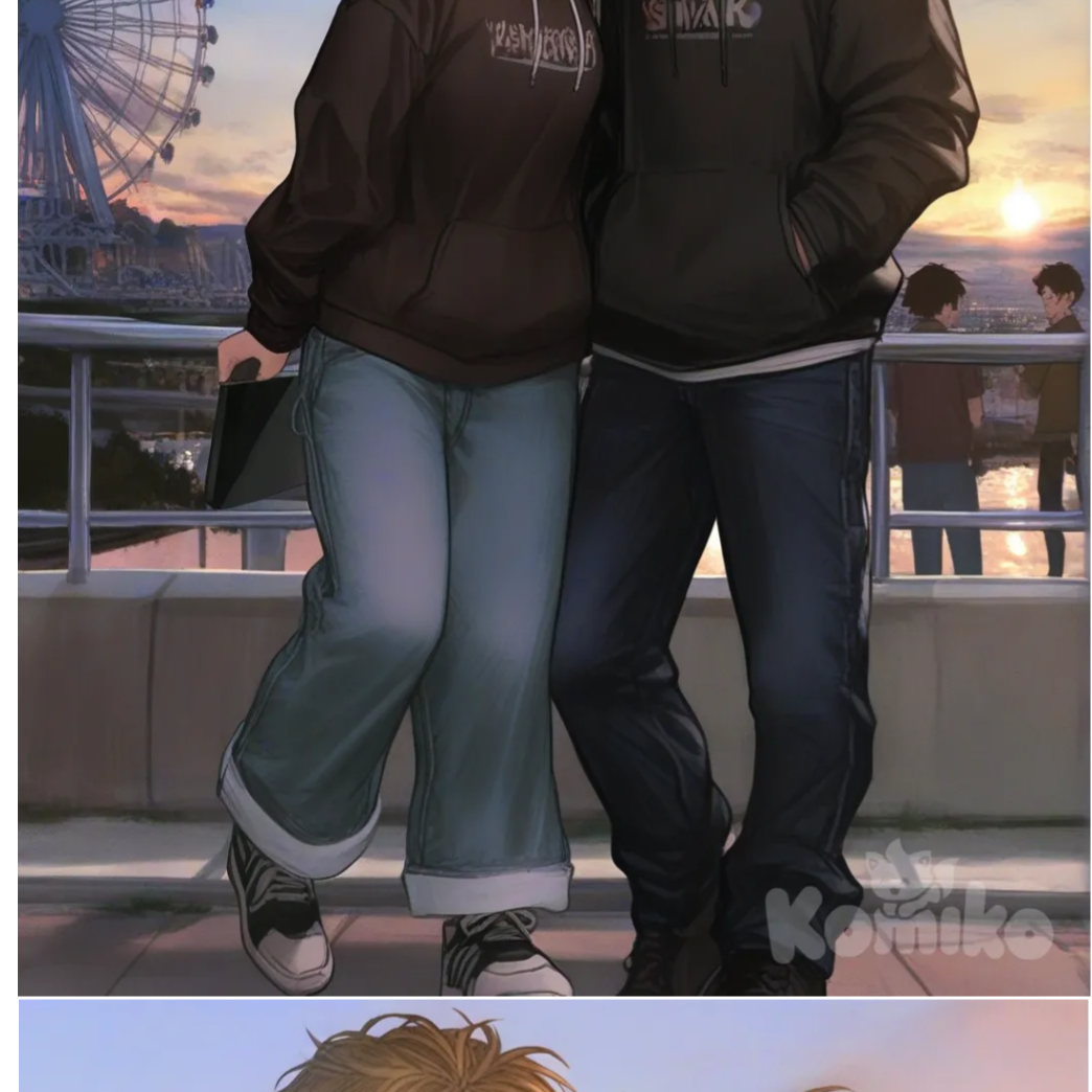 1boy and 1girl, 2people, [semi-realistic-portrait-style], kissing, blush, one eye closed, hoodie, casual pants, blonde hair, spiky hair, high ponytail, full body, twilight, blue sky, ferris wheel