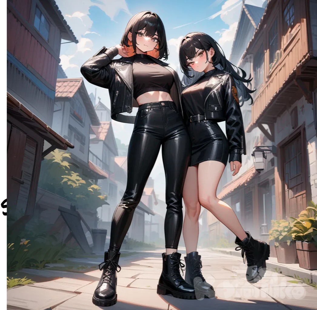 2girls, impasto style, head tilt, leather jacket, full body
