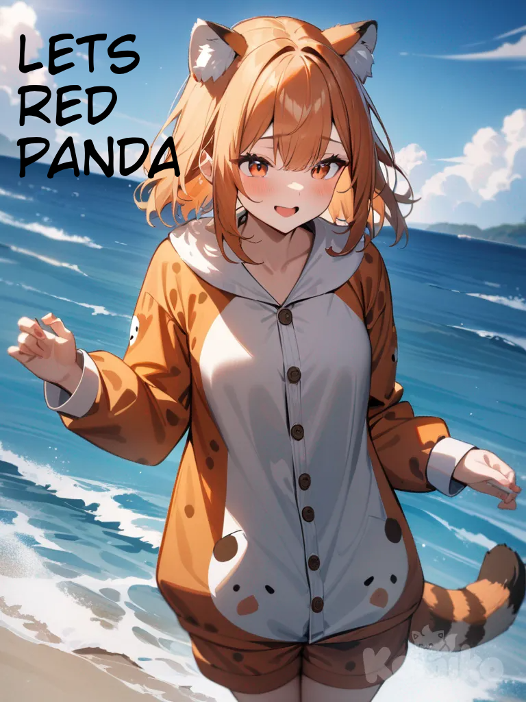 1girl,red panda pajamas, orange hair, ocean background