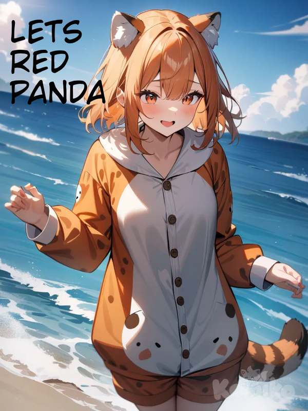 1girl,red panda pajamas, orange hair, ocean background