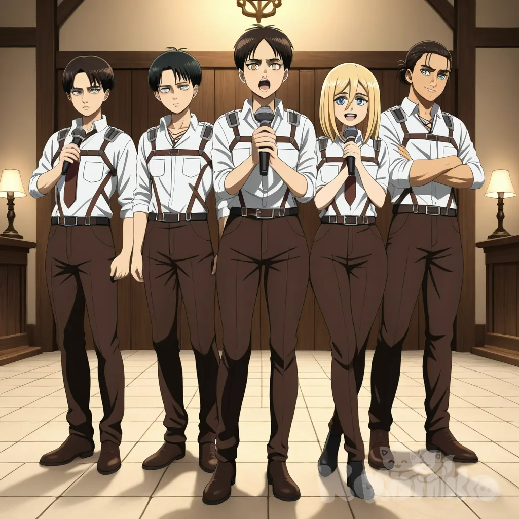 3people, 2boys, 1girl, Eren Yeager, Levi (Shingeki No Kyojin), Krista Lenz, anime coloring, oil-pasto style, 3d model, singing, smile, expressionless, smirk, full body, side light