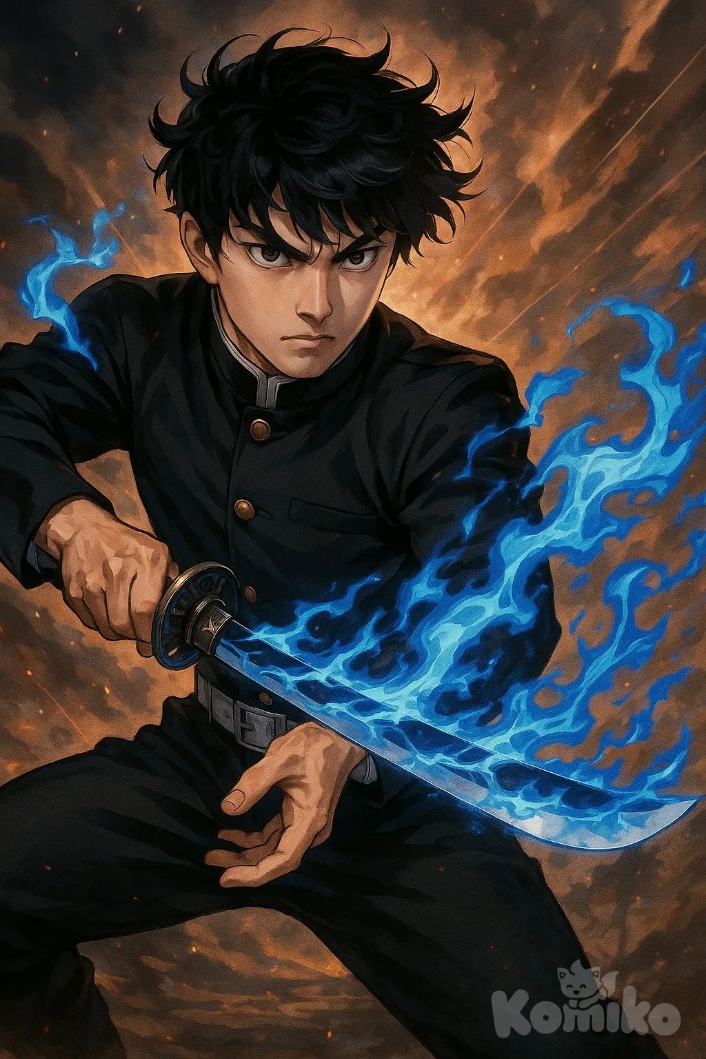 A heroic anime character in Demon Slayer style, using Steel Breathing techniques, wearing a black uniform like Hiiori, sharp intense eyes, dynamic battle pose, katana with blue flame effect, flowing hair, epic background with dramatic lighting, highly cinematic anime art.

blurry, distorted face, low quality, extra limbs, cartoonish, unrealistic colors