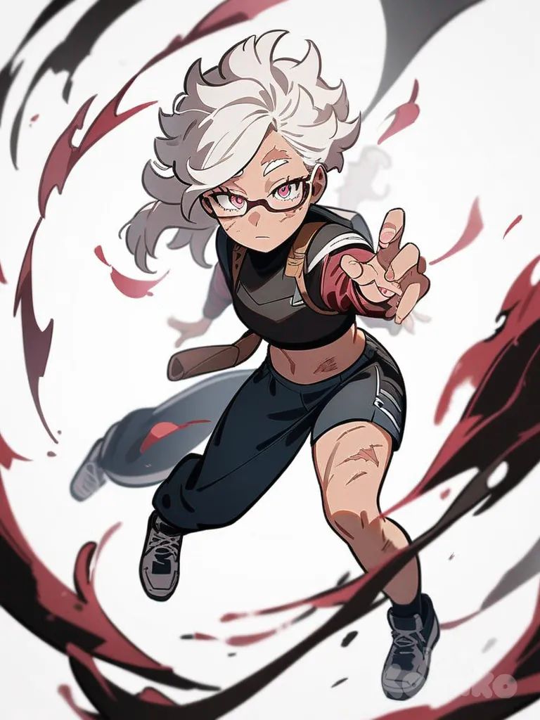1girl, anime style, teenage girl, My Hero Academia traits, curly white hair, pink eyes with glasses, light skin, scars all over body, burn scars on face, single character, full body, looking at viewer, simple background, white background