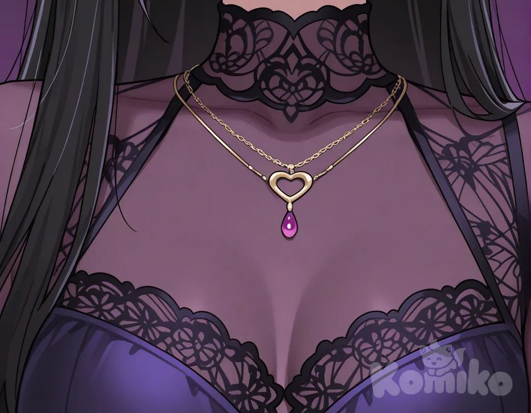 1girl, solo, long black hair, open mouth, black hair, photoshop (medium), jewelry, upper body, earrings, necklace, dark makeup, eyeshadow, photo (medium), vampire, purple eyes, sexy, black, purple dress lace, [toon-shaded-style]