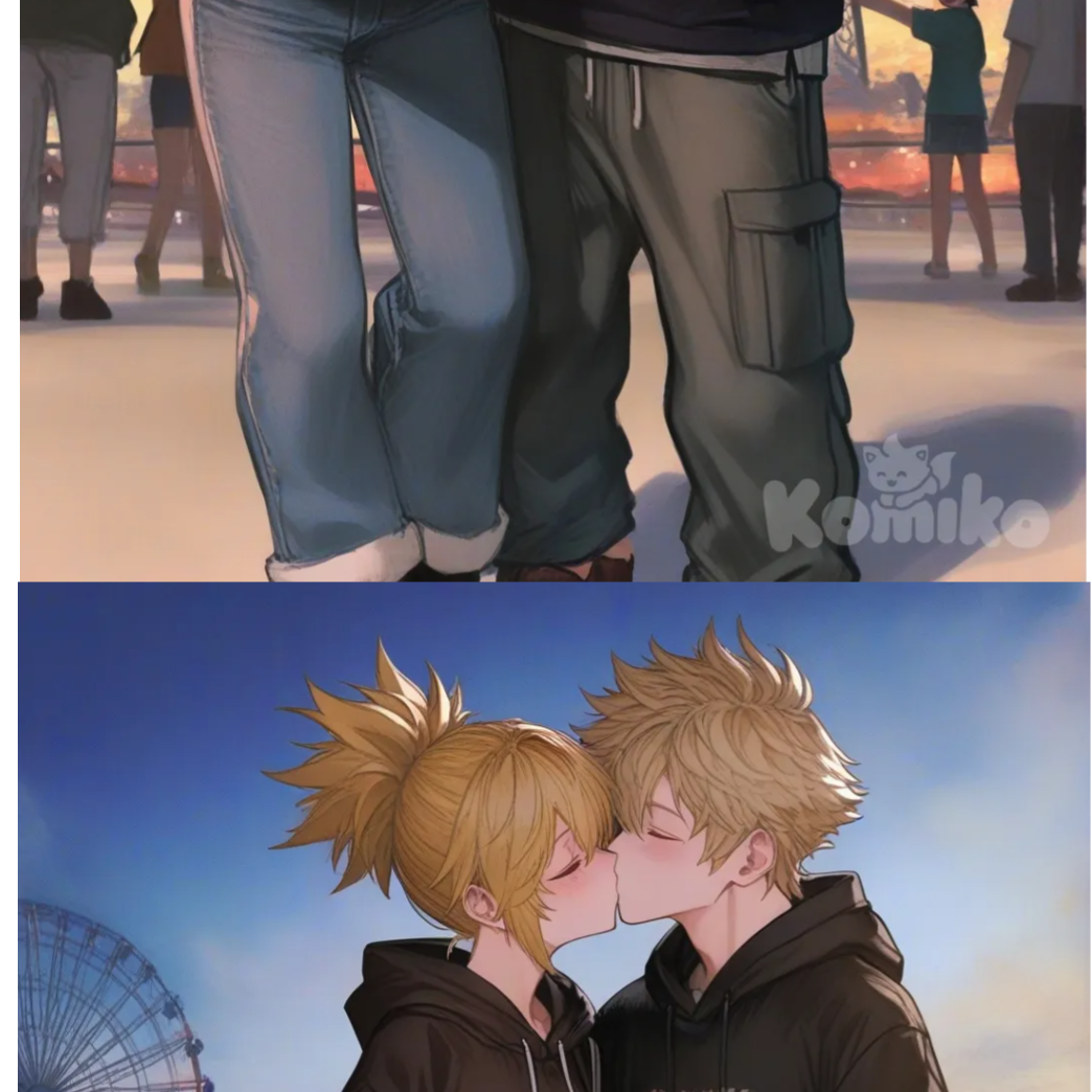 1boy and 1girl, 2people, [semi-realistic-portrait-style], kissing, blush, one eye closed, hoodie, casual pants, blonde hair, spiky hair, high ponytail, full body, twilight, blue sky, ferris wheel