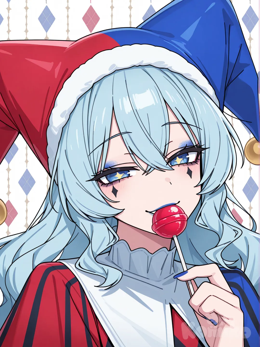 1girl, [toon-shaded-style], The image shows an anime-style character with long, wavy light hair, blue eyes, and bold makeup featuring black star shapes around the eyes and blue lipstick. She wears a fluffy white hat and a black outfit with a diamond pattern, giving her a jester-like look. She’s holding a red lollipop near her lips, with red and blue balloons in the background, creating a striking and playful contrast.