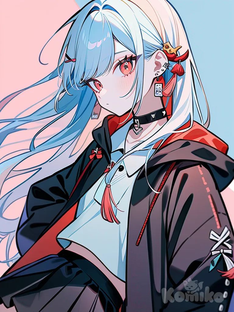 1girl, Demon Slayer style, original character, pastel colors, teenager, slim, tall, sky blue hair, long hair, red eyes, fair skin, polo shirt, crop-top shirt, red-black oversized haori, pleated skirt ngắn, raincoat, studs, tassels, hairpin, hair accessory, choker, earrings, jewelry, high platform wooden clogs, single character, full body, looking at viewer, anime style, simple background, white background