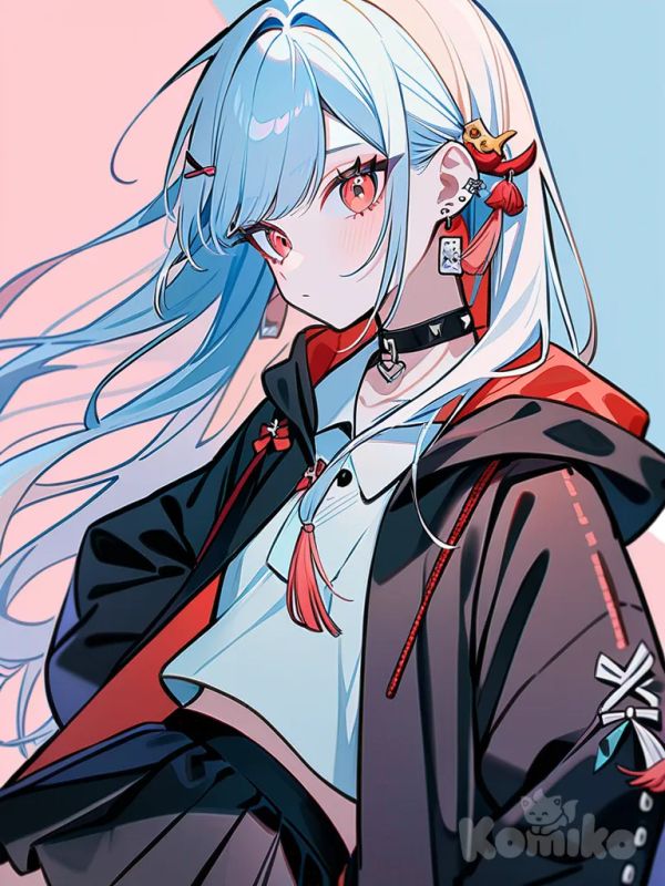 1girl, Demon Slayer style, original character, pastel colors, teenager, slim, tall, sky blue hair, long hair, red eyes, fair skin, polo shirt, crop-top shirt, red-black oversized haori, pleated skirt ngắn, raincoat, studs, tassels, hairpin, hair accessory, choker, earrings, jewelry, high platform wooden clogs, single character, full body, looking at viewer, anime style, simple background, white background