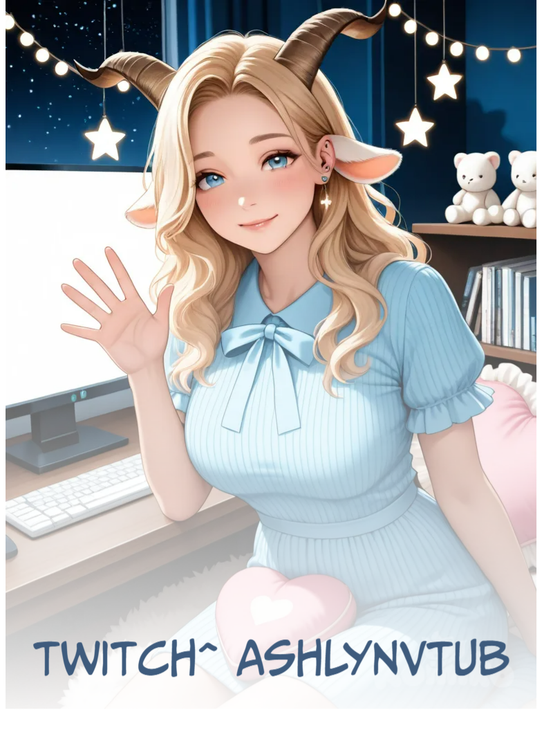 [semi-realistic-portrait-style] <ashlyn-bai-dmlC> mature female streamer, goat ears, horizontal ears, piercing on left ear, animal ears only, ears at eye level, sitting, audience, greeting, long blonde hair, loose wavy hair, single pink strand, right side, light blue ribbon bow, light blue eyes, blue ribbed dress, bow around neck, pearls hanging under chest, white fur edging, short sleeves, ruffled sleeves, waving at camera, streaming setup, white microphone, dual monitors, desktop wallpaper flower, kawaii bedroom, fairy lights canopy, starry wallpaper, plushie collection shelf, fluffy rug, heart-shaped cushion seat, blue LED strips, night garden view, window, soft smile, warm lighting, bokeh, screen glow effect, 8k detail