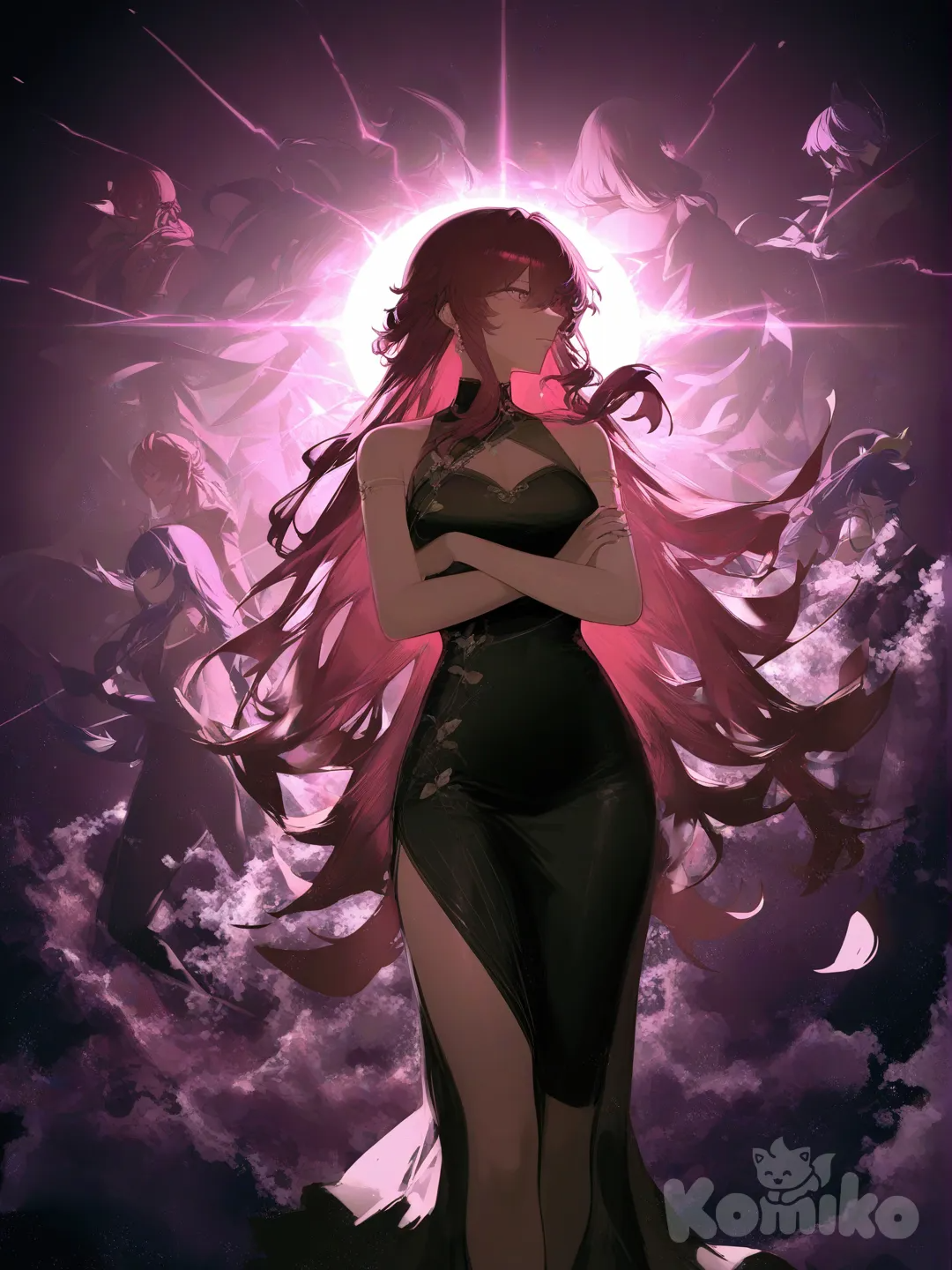 1girl, [moody-glow-style], Raiden Shogun, Beidou (Genshin Impact), Shenhe (Genshin Impact), Power (Chainsaw Man), Makima (Chainsaw Man), Kafka (Honkai:Star Rail), crossed arms, little black dress with maroon color stars on it, looking awa,wave hair, backlight, full body