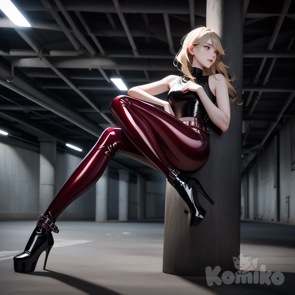 A dramatic fashion photograph captures a beautiful blonde young woman confidently posed against a weathered metal pole in an industrial parking garage. She wears a sleek black sleeveless latex tank top and form-fitting burgundy latex leggings, complemented by striking black platform high-heeled latex boots with multiple buckles and straps that reach a 6-inch heel. The scene is set within a concrete parking space, the exposed ceiling revealing a network of pipes, ducts, and electrical conduits, all bathed in the cool, diffused light filtering through the open garage. Shot from a slight low angle, the composition emphasizes the dramatic height and bold texture of the boots against the stark, urban backdrop.