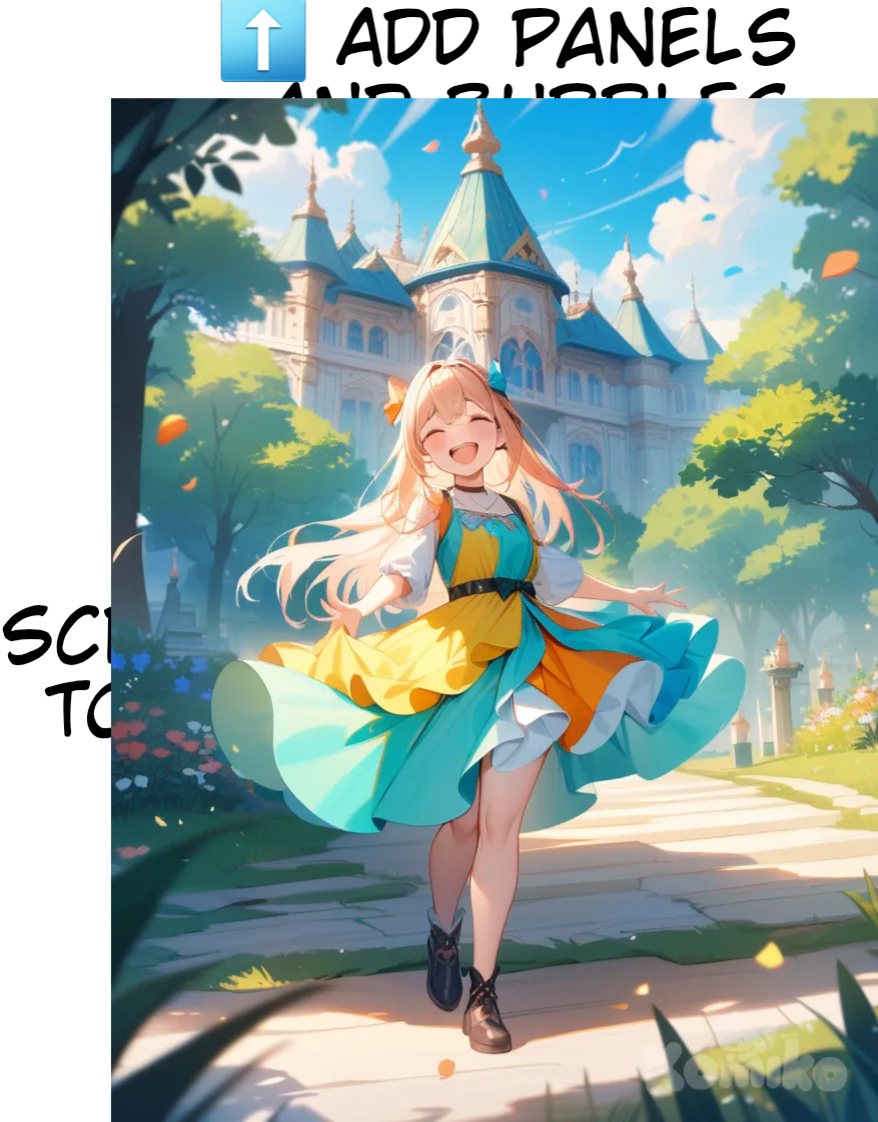 forest, cute girl, palace, house, happiness, playing, vibrant colors, sunny day, whimsical atmosphere, fantasy setting, colorful dress, long hair, trees, smiling, magical realism