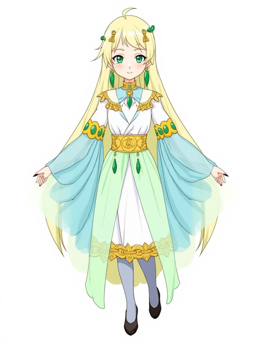 1girl, Chinese, 17 years old, long blonde hair split into two at the neck, emerald green eyes, grey fur, long green dangling earrings, white dress with gold ornaments, gold ornaments decorated with green jewels, light green translucent cloth hanging from belt and neckpiece, blue translucent sleeves decorated with gold ornaments, single character, full body, looking at viewer, anime style, simple background, white background