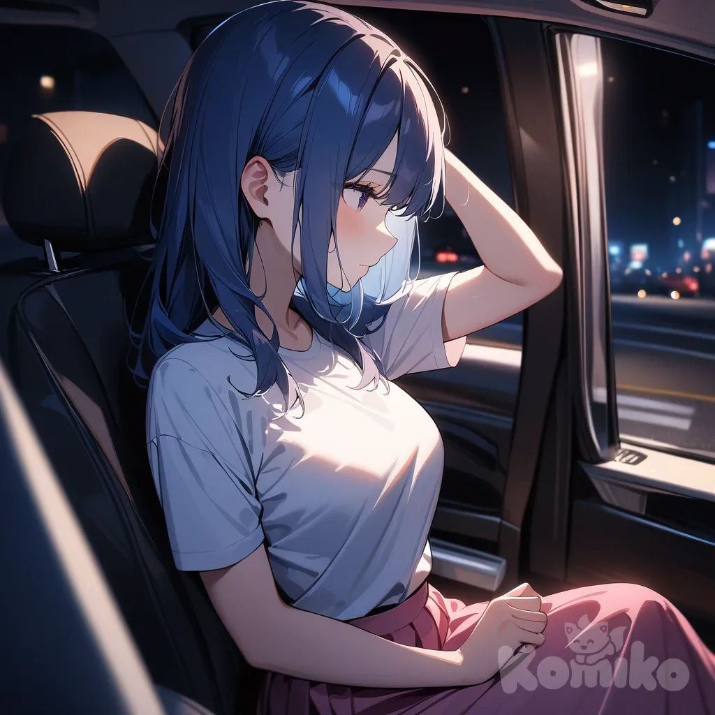 1girl,solo,cowboy shot,blue hair,upper body,car,Sitting in a seat,at midnight,medium breasts,White t-shirt, pink long skirt