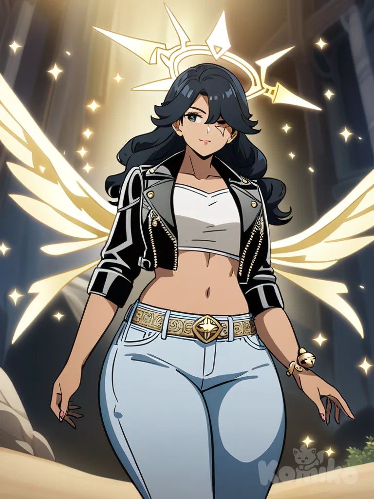 1girl, mature, curvy, slim, beach-sandy tan skin, black hair, long wavy hair, black eyes, diagonal slit scar over left eye, angelic, gold glitter halo, large seraphim wings, white tube top, leather jacket, bell-bottom jeans, silver accessories, anime coloring, fantasy style, original character in the world of Genshin Impact, single character, full body, looking at viewer, Genshin Impact style, simple background, white background