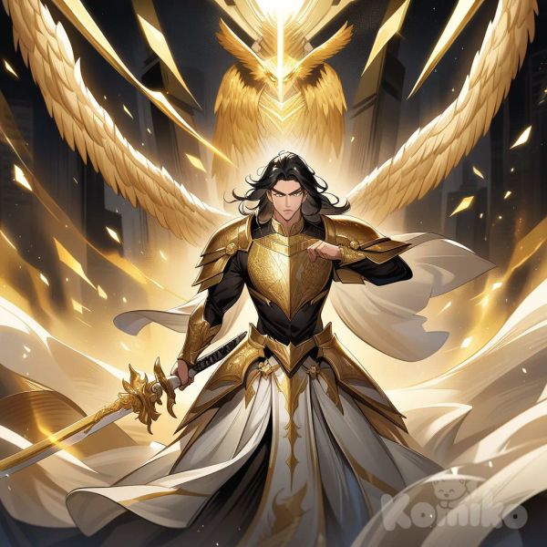 Epic anime-style illustration.
José, a majestic warrior with black hair, calm golden glowing eyes, and massive pearl-white wings, wearing elegant black and gold celestial armor with radiant details and glowing runes. His right hand holds the katana Solaris, a pearl-white blade with golden reflections and phoenix engravings glowing at the base. Behind him, a majestic golden phoenix of fire spreads its wings, illuminating the scene with divine light. His aura radiates with golden particles and floating cosmic symbols, combining serenity, nobility, and overwhelming power.
Keywords: anime style, cinematic, glowing runes, epic aura, pearl-white sword, phoenix fire, radiant wings, golden particles, divine warrior, cosmic light.