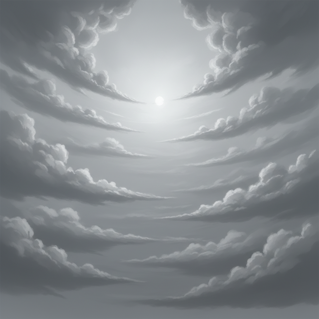 A comic page with six panels, webtoon/graphic novel style, cel-shading, muted color palette, consistent character design. The theme is surreal, melancholic but with sarcastic humor.

Panel 1 (wide shot): A vast gray wasteland under a silver sky. Gloomy but not dark, soft silver haze. Caption box at the top: “Langit di atas padang abu-abu itu tidak pernah benar-benar terang, tapi juga tidak pernah gelap sepenuhnya.”

Panel 2 (close-up): Silver-gray layered clouds hanging heavily, like lazy clouds that never rain. Caption box top-right: “Hanya bias keperakan yang menggantung, seperti awan yang malas meneteskan hujan.”

Panel 3 (medium shot): A young Indonesian man (early 20s, hoodie + jeans) stands alone in the wasteland, one hand in pocket, confused and sarcastic expression. Thought bubble above him: “Dimana gue!?”

Panel 4 (wide shot): An old abandoned school hall building in the middle of the wasteland, with faded paint, cracked walls, broken windows. Caption top-left: “Di tengah padang itu, berdiri sebuah bangunan besar menyerupai aula sekolah zaman dulu.”

Panel 5 (close-up): Old wooden signboard, hanging crookedly by a rusty screw. Text on the board: “CAMP PELATIHAN HANTU – ANGKATAN BUNUH DIRI SETENGAH HATI”.

Panel 6 (medium shot): The young man stares at the sign, half-surprised, half-sarcastic, smirking slightly. Speech bubble above him: “…Anjir, ini apaan?”

Clean layout, clear panel borders, readable text spaces for captions and speech bubbles. Cinematic composition.
