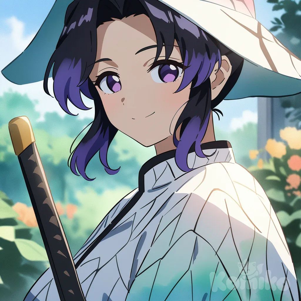 Kochou Shinobu, anime coloring, oil-pasto style, watercolor, holding sword, smile, portrait, day, garden