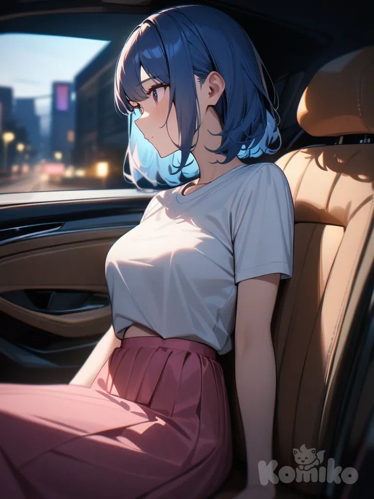 1girl,solo,cowboy shot,blue hair,upper body,car,Sitting in a seat,at midnight,medium breasts,White t-shirt, pink long skirt